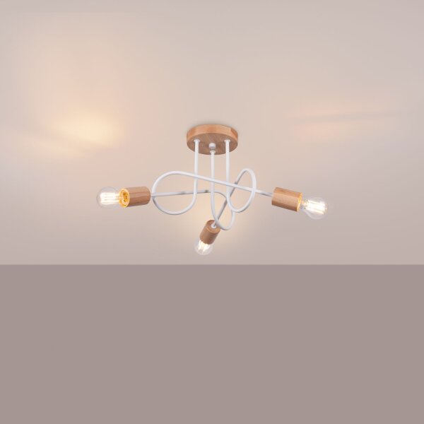 Deckenleuchte Holz Stahl Weiß E27 L:56 cm 3-flammig