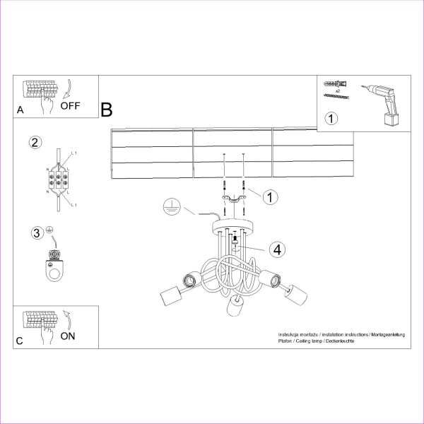 Deckenleuchte Holz Stahl Schwarz E27 L:61 cm 5-flammig