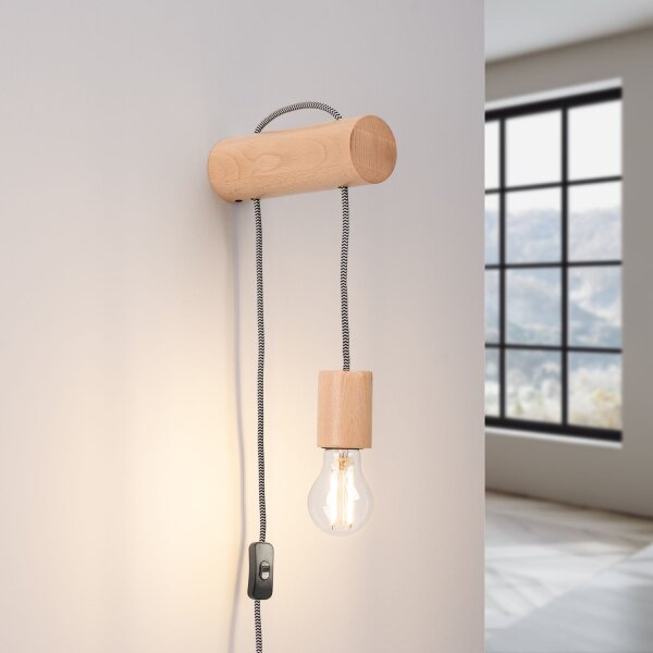 Wandleuchte Holz Natur E27 Schalter Stecker T:19 cm
