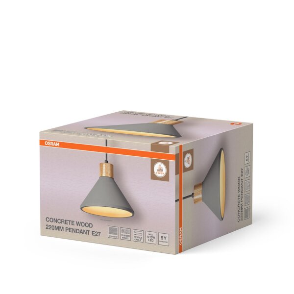 Hängelampe Beton Holz Modern E27 L:22 cm rund OSRAM