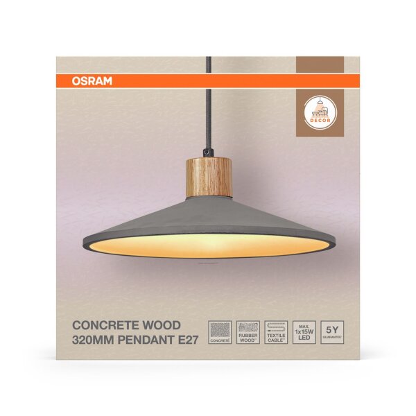 Pendelleuchte Beton Holz E27 L:32 cm rund OSRAM