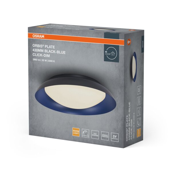LED Deckenleuchte Click-DIM Schwarz Blau 3000 K Ø43 cm