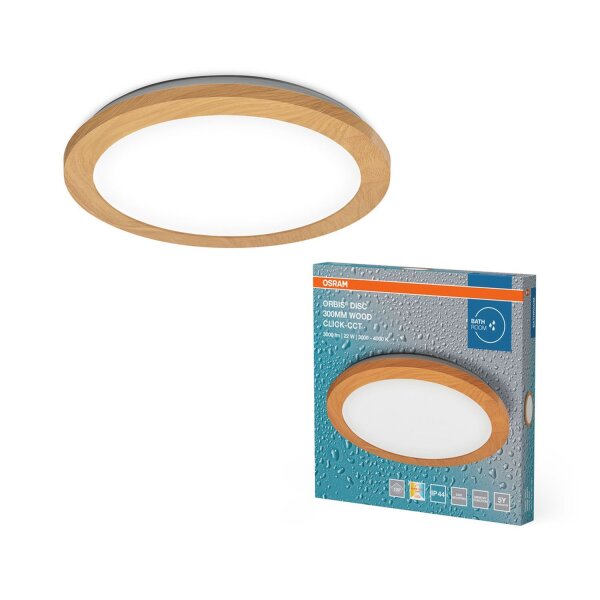 LED Deckenlampe Click-CCT Holz IP44 rund Ø30cm OSRAM
