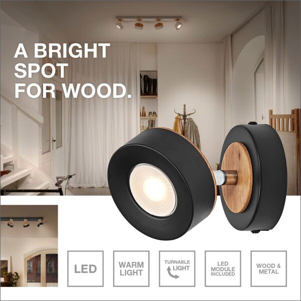 LED Deckenstrahler schwenkbar Schwarz Holz 3000 K OSRAM