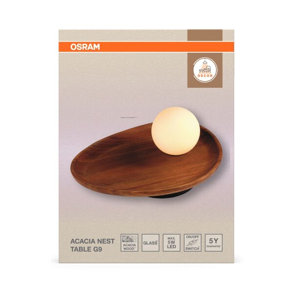 Tischleuchte Akazie Glas Metall G9 H:32,5 cm OSRAM
