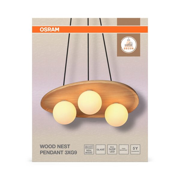 Hängelampe Weiß Holz Glas G9 L:50 cm modern OSRAM