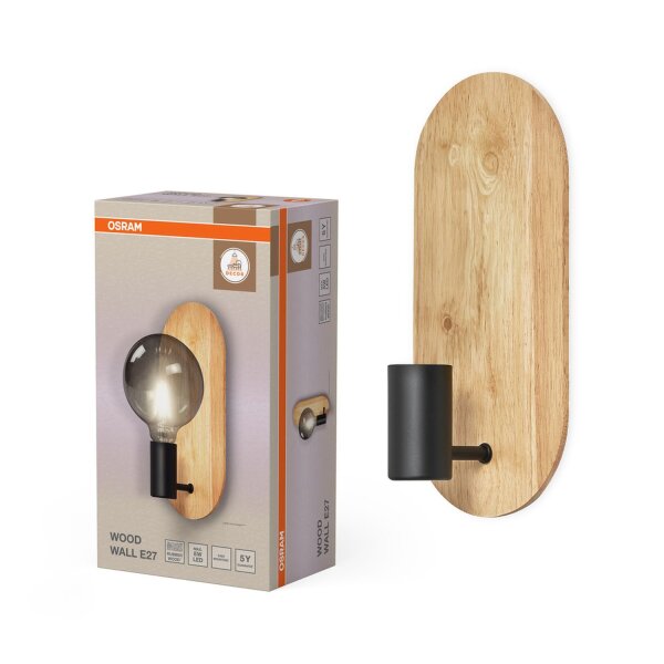 Wandlampe Schwarz Holz E27 H:30 cm modern OSRAM
