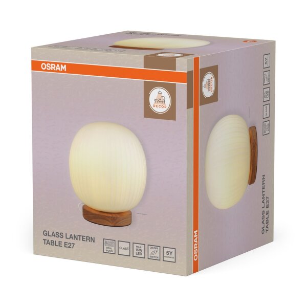 Tischleuchte Weiß Holz Glas E27 33,5 cm wohnlich OSRAM