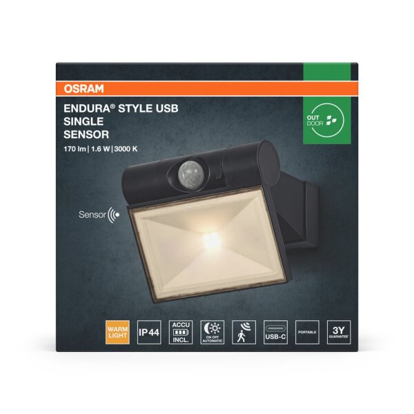 LED Akku Wandspot Metall Sensor schwenkbar 3000K IP44