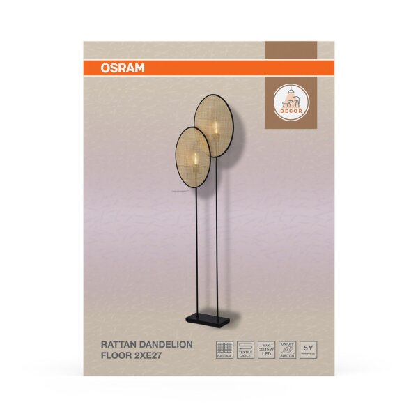Stehleuchte Schwarz Rattan E27 H:170 cm OSRAM