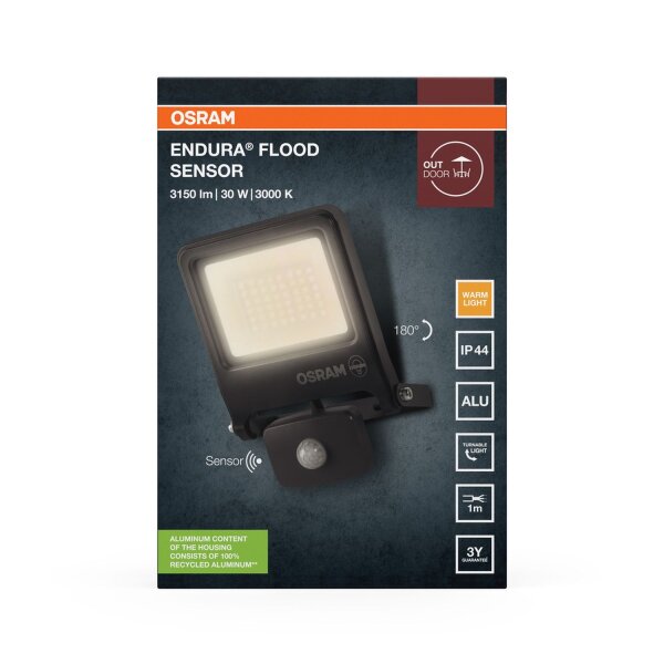 LED Außenstrahler Sensor Alu 3000K IP44 H:18,9cm OSRAM