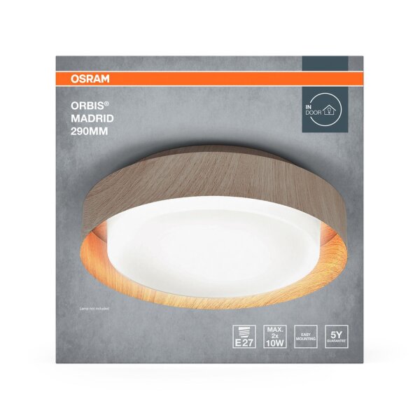 Deckenleuchte Holz Stahl Glas E27 Ø29 cm rund OSRAM
