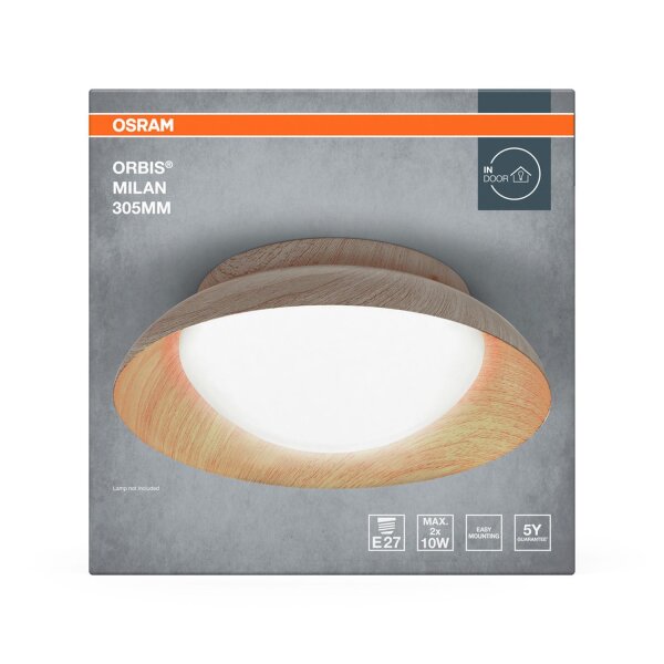 Deckenleuchte Glas Stahl Holz E27 Ø30,5cm rund OSRAM