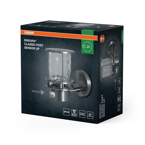 Wandleuchte Sensor Glas Edelstahl IP44 E27 H:21,2 cm