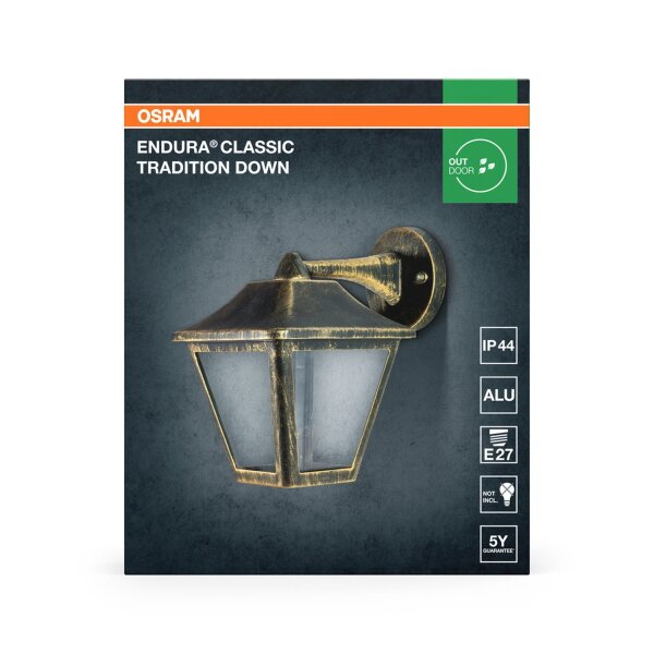 Wandleuchte Schwarz-Gold Alu Glas IP44 E27 H:23cm OSRAM