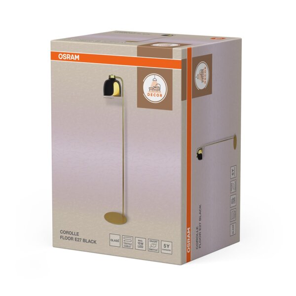 Stehlampe Glas Metall Schwarz E27 H:141 cm OSRAM