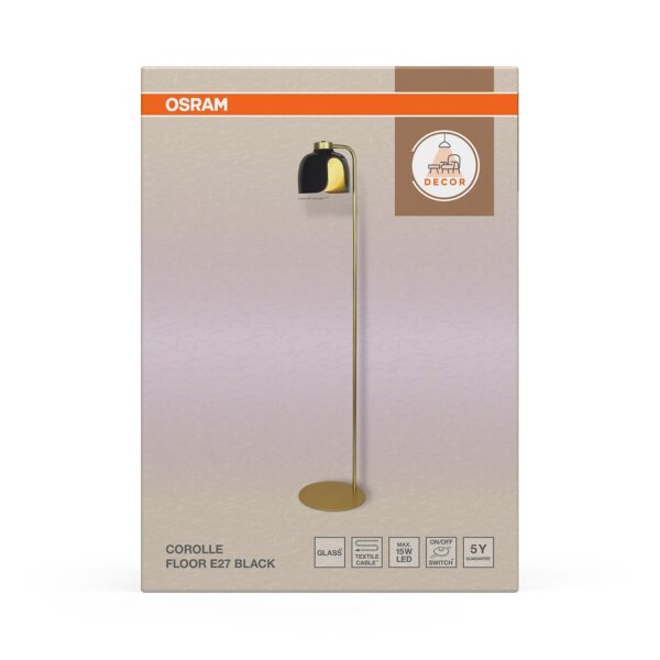 Stehlampe Glas Metall Schwarz E27 H:141 cm OSRAM