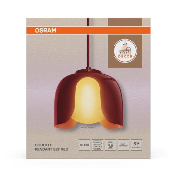 Hängelampe Glas blendarm E27 Rot Metall L:20 cm OSRAM