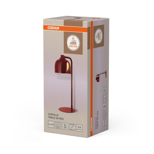 Tischlampe Glas blendarm G9 Rot Metall H:40 cm OSRAM