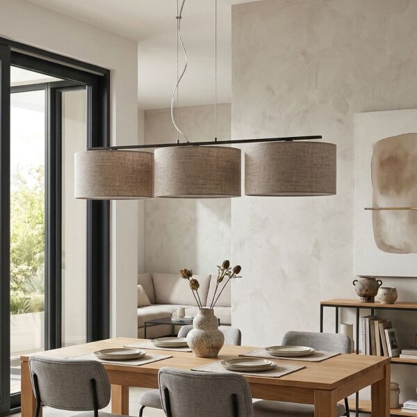 Pendelleuchte Leinen Schwarz Beige E27 L:100 cm