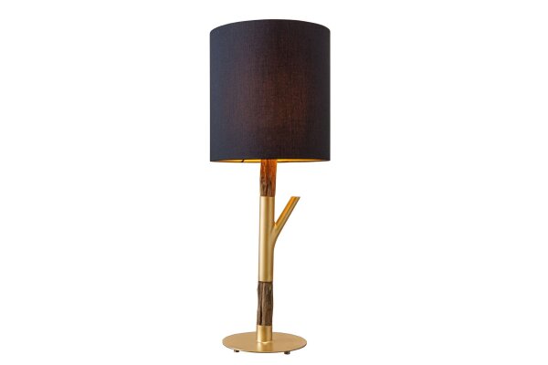 Tischleuchte Holz Stoff 74 cm hoch E27 in Gold Schwarz Natur