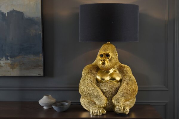 Tischleuchte Stoff Polyresin 54 cm Gorilla in Gold Schwarz E27