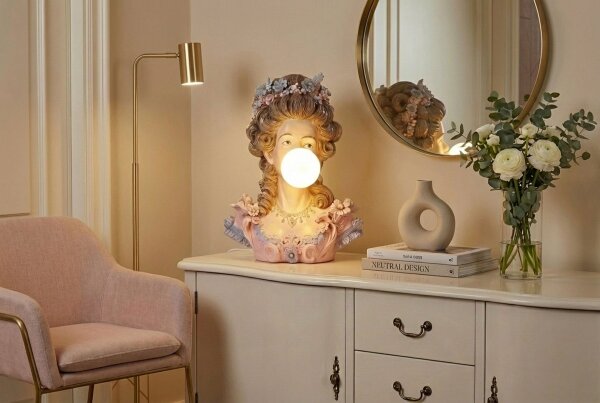 Tischlampe Büste 60 cm Bunt Barock Frau Handarbeit G9