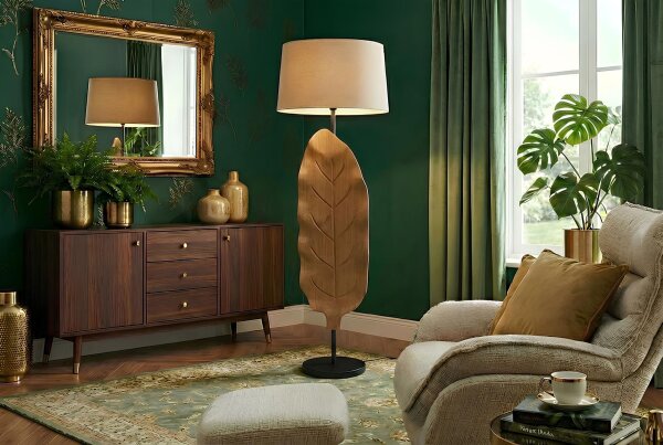 Stehlampe Holz Stoff 131 cm hoch Natur Beige Modern E27