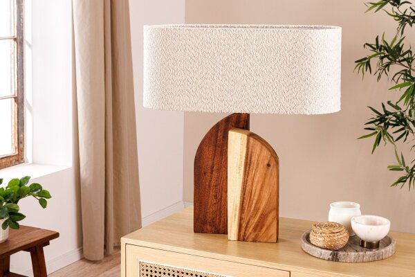 Nachttischlampe Holz Stoff 60 cm hoch Natur Weiß E27
