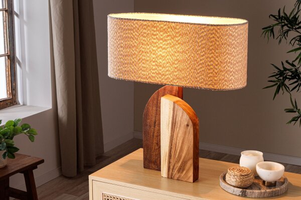 Nachttischlampe Holz Stoff 60 cm hoch Natur Weiß E27