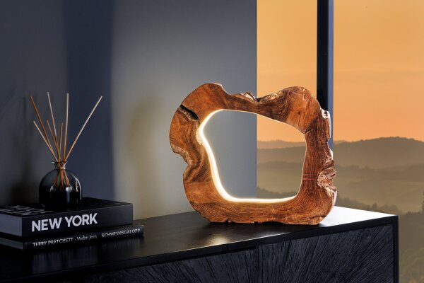LED Tischlampe Teakholz Baumscheibe Unikat mit Kabel