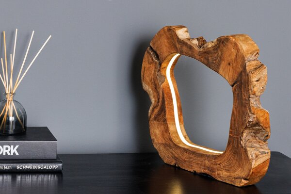 LED Tischlampe Teakholz Baumscheibe Unikat mit Kabel