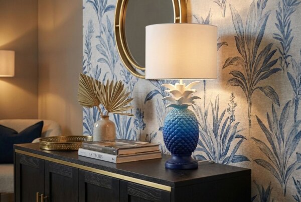 Tischlampe Weiß Blau E27 47 cm Ananas Handarbeit