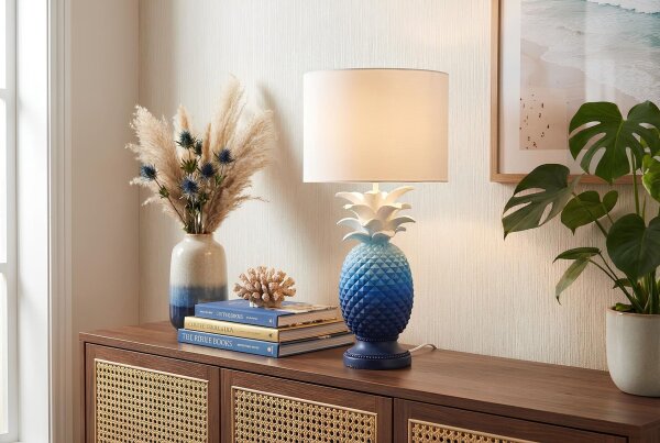 Tischlampe Weiß Blau E27 47 cm Ananas Handarbeit