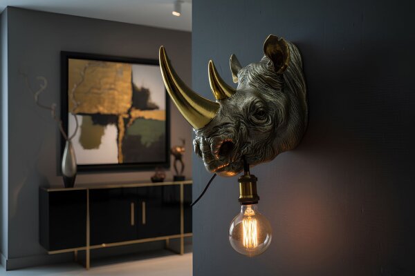 Deko Lampe Wand H: 41 cm Nashorn Polyresin für E27 Handarbeit