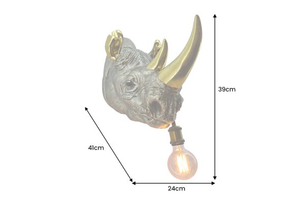 Deko Lampe Wand H: 41 cm Nashorn Polyresin für E27 Handarbeit
