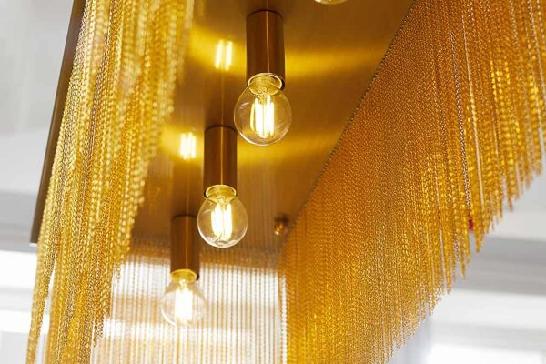 Pendelleuchte Esstisch B: 80 cm Eisen in Messing Gold 5x E14