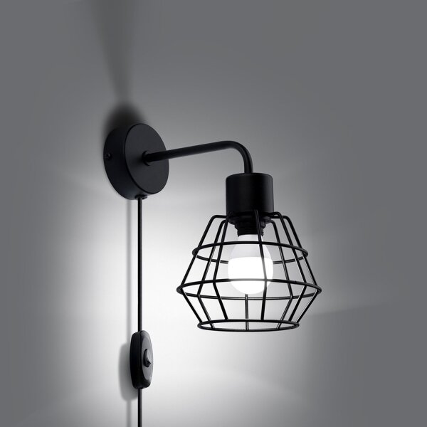 Wandlampe mit Schalter Schwarz Kabel E14 H:23 cm Draht