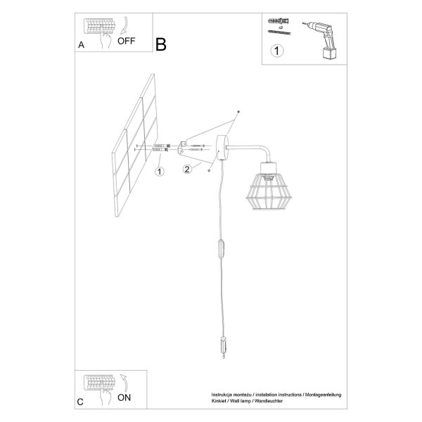 Wandlampe mit Schalter Schwarz Kabel E14 H:23 cm Draht