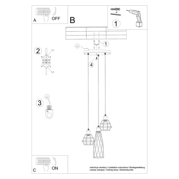 Hängelampe 3-flammig Schwarz Stahl Ø38 cm E14 Industrie