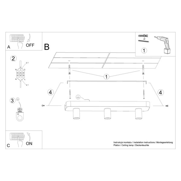Deckenleuchte Beton Industrie E27 3-flammig L:55 cm