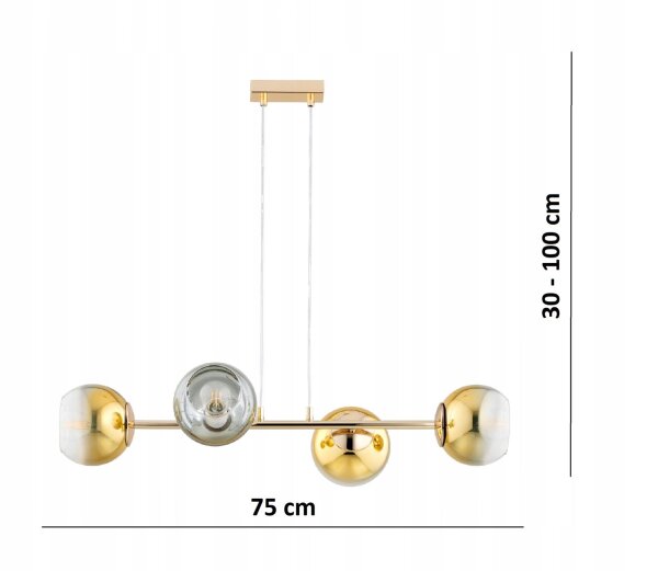 Pendelleuchte 4-flammig Glas Metall Gold E27 L:75 cm