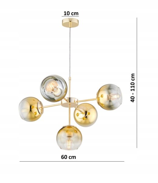 Pendelleuchte 5-flammig Glas Metall Gold E27 L:60 cm