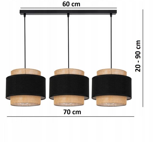 Pendelleuchte 3-flammig Stoff Schwarz Beige E27 Modern