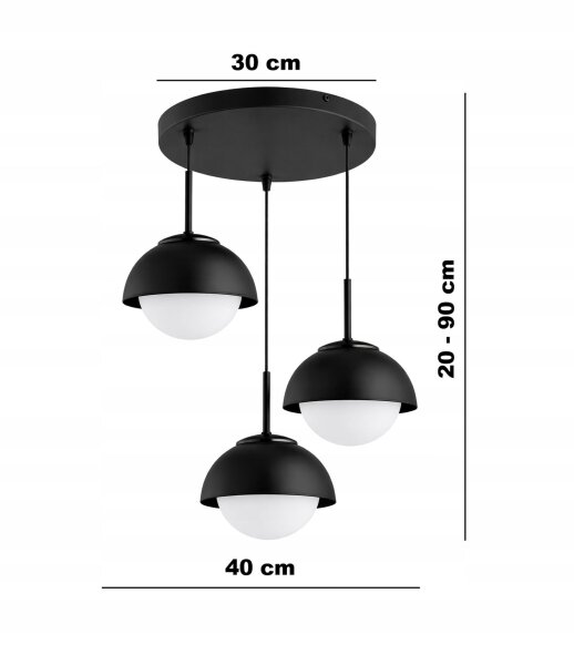 Hängelampe 3-flammig Glas Metall Schwarz E27 B:40 cm