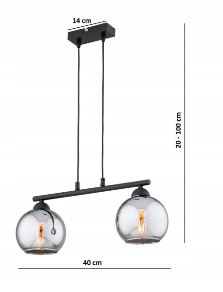 Hängelampe 2-flammig Rauchglas Schwarz E27 L:30 cm