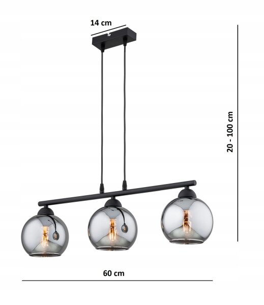 Hängelampe 3-flammig Rauchglas Schwarz E27 L:60 cm