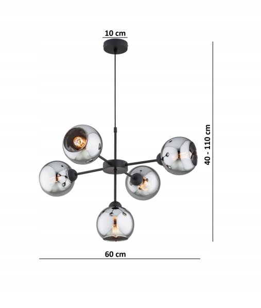 Hängelampe 5-flammig Rauchglas Schwarz E27 B:60 cm