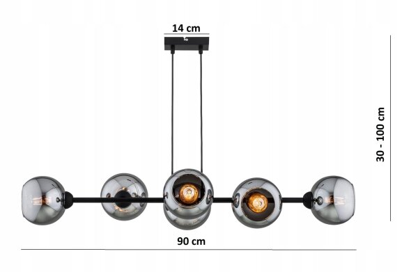 Hängelampe 6-flammig Rauchglas Schwarz E27 L:90 cm