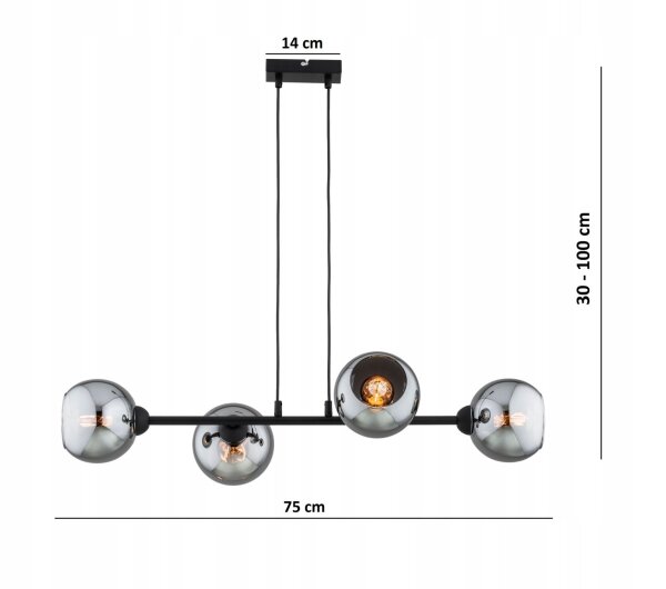 Pendelleuchte 4-flammig Rauchglas Schwarz E27 L:90 cm